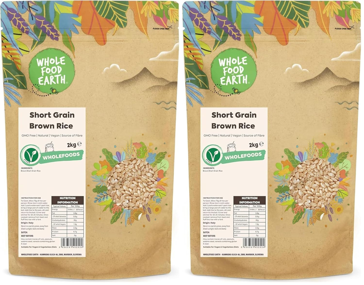 Arroz integral de grano corto Wholefood Earth - sin OGM - natural - vegano - sin lácteos - sin azúcares añadidos, 2 kg