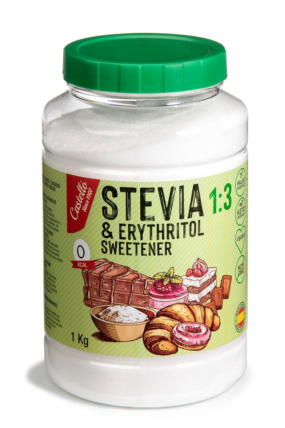 Stevia + Eritritol 1:3 Süßstoff | 1G = 3G Zucker | 100% Natürlicher Zuckerersatz - 0 Kalorien - 0 Glykämischer Index - Keto Und Paleo - 0 Netto-Kohlenhidrato - Kein GVO - Castello since 1907-1 Kg Edulcorantes Naty Shop Título predeterminado