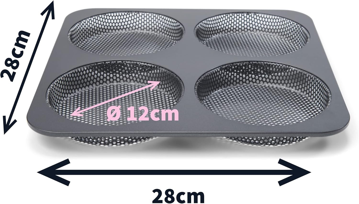Hamburgerbrötchen, Perforiert, Antihaftbeschichte, 4 Runde Mulden Mit Je 12 Cm, Pfannengröße 28 X 28 Cm, 2.5 Cm Tief, Mittelgroß, Schwarz Moldes y bandejas para repostería Naty Shop