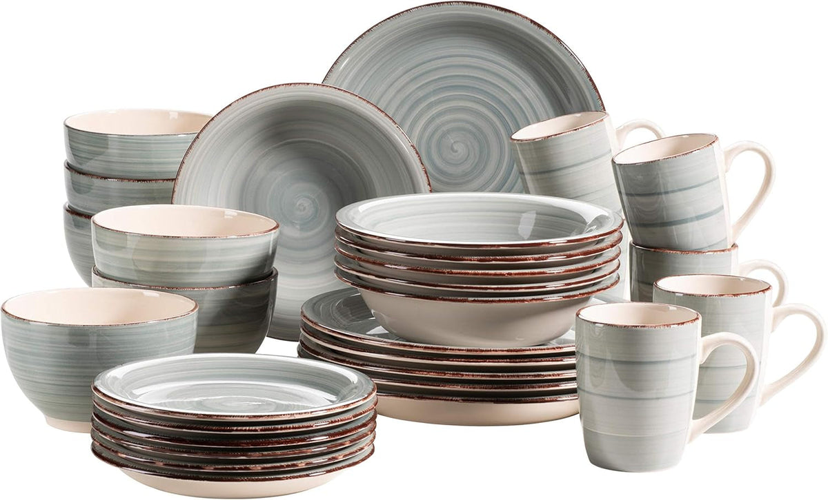 MÄSER 931612 Bel Tempo II 30-Teiliges Vintage Geschirr Set Für 6 Personen, Handbemaltes Keramik Kombiservice in Blau, Steingut, Rauchblau Juegos de vajilla Naty Shop Rauchblau