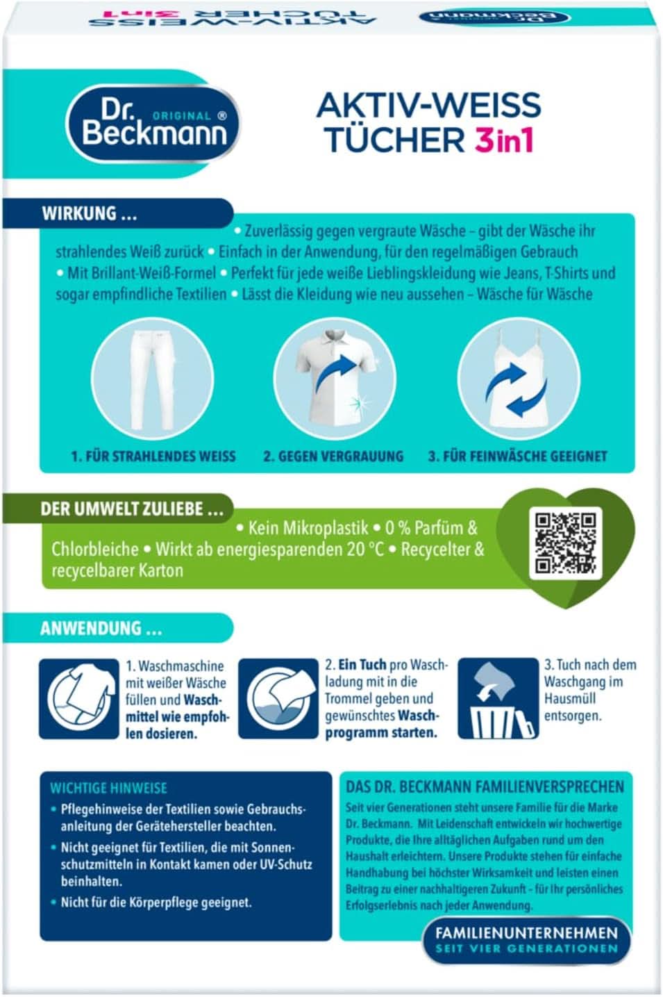 Dr. Beckmann Fest Wipes, Active-White, 15 toallitas Detergentes para la ropa Naty Shop