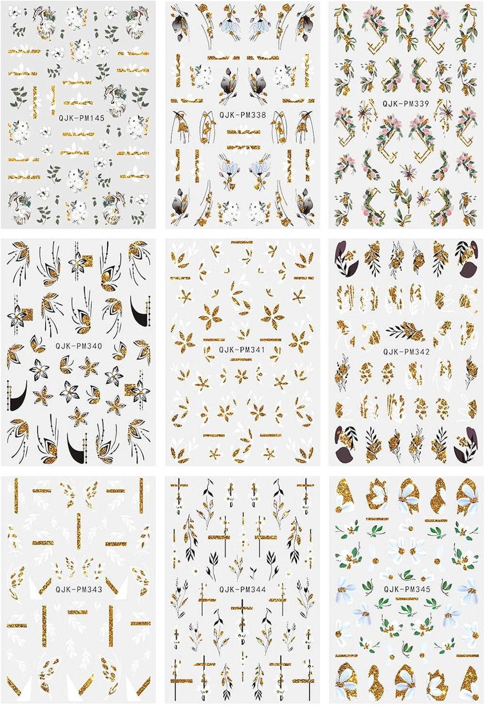 JMEOWIO Nagelsticker Blumen Glitzer 9 Blatt Nail Art Sticker Selbstklebend Nagelaufkleber Frühling Sommer Blumen Dekoration Nageldesign Zubehör