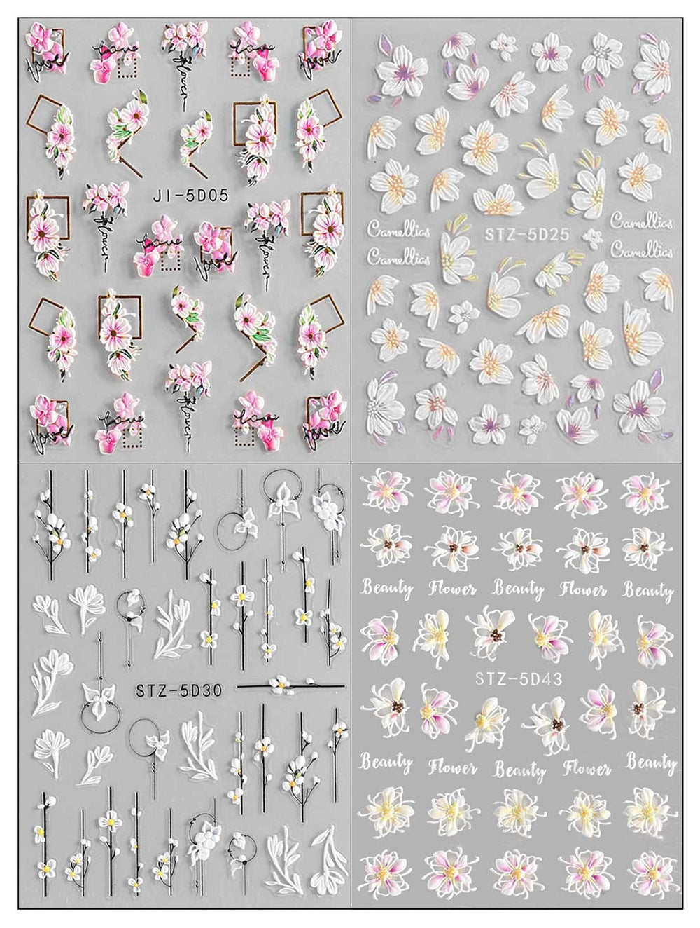 JMEOWIO 3D Nagelsticker Frühling Blume Nail Art Sticker Selbstklebend Nagelaufkleber 5D Stereoskopisch Blumen Dekoration Nageldesign Zubehör 4 Blatt