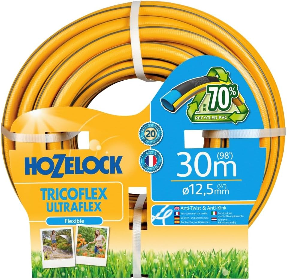 HOZELOCK - Furtun Tricoflex Ultraflex Ø 12,5 mm (1/2") 20 M: Furtun flexibil de grădină, rezistent la intemperii, la răsucire și îndoire, fabricat din 40% PVC reciclat [117002], galben