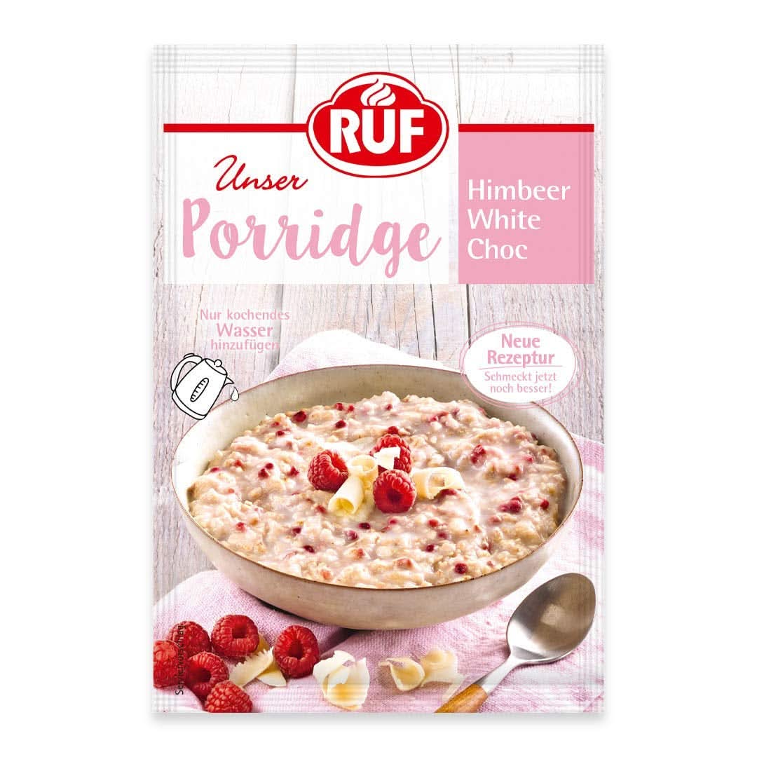 RUF Gachas Raspberry White Choc, Gachas instantáneas con trozos de frambuesa y chocolate blanco rallado, 65 gramos Cereale Naty Shop