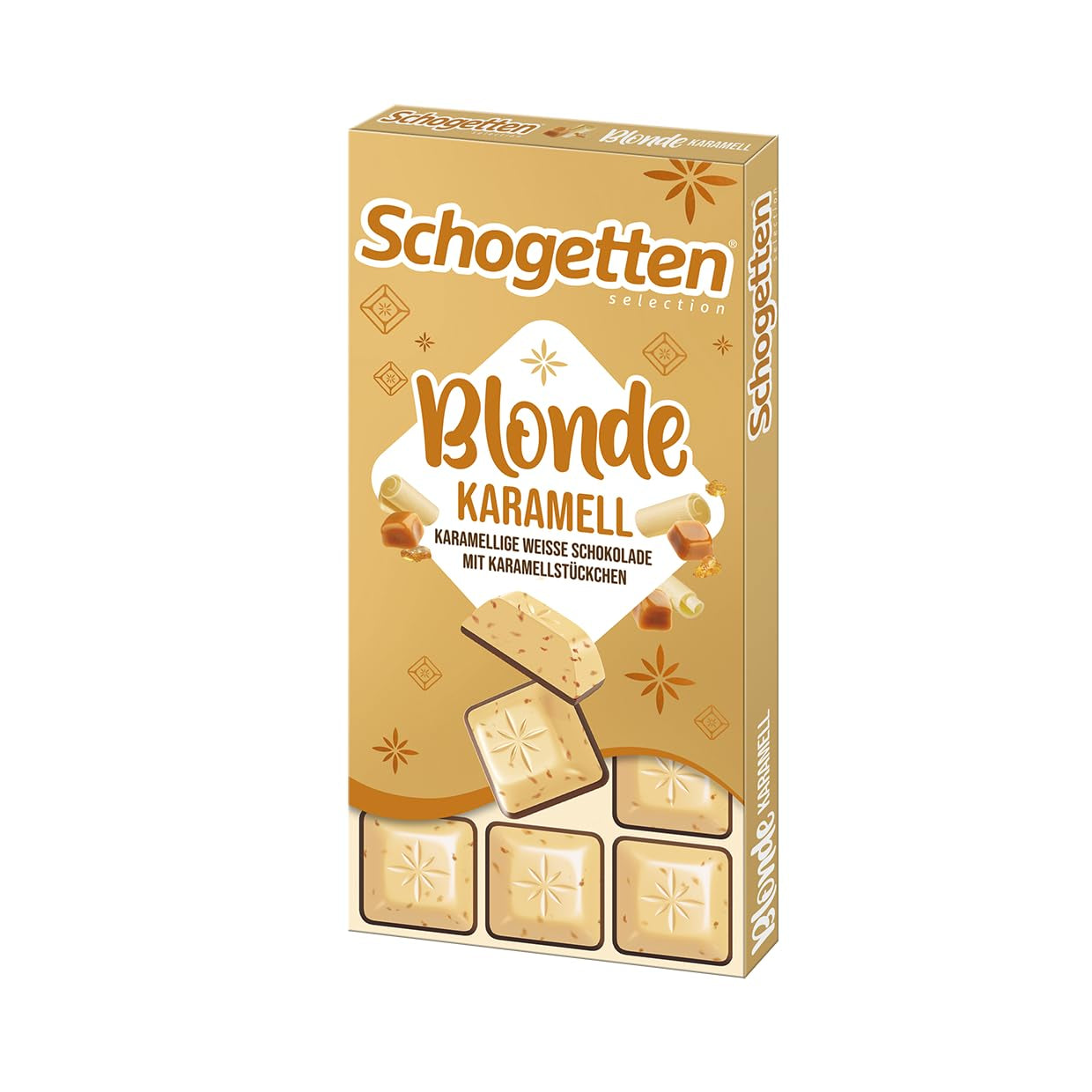 Schogetten Rubio Caramelo | Caramelo con chocolate blanco y trozos de caramelo | Barra de chocolate 100g | Convenientemente porcionado