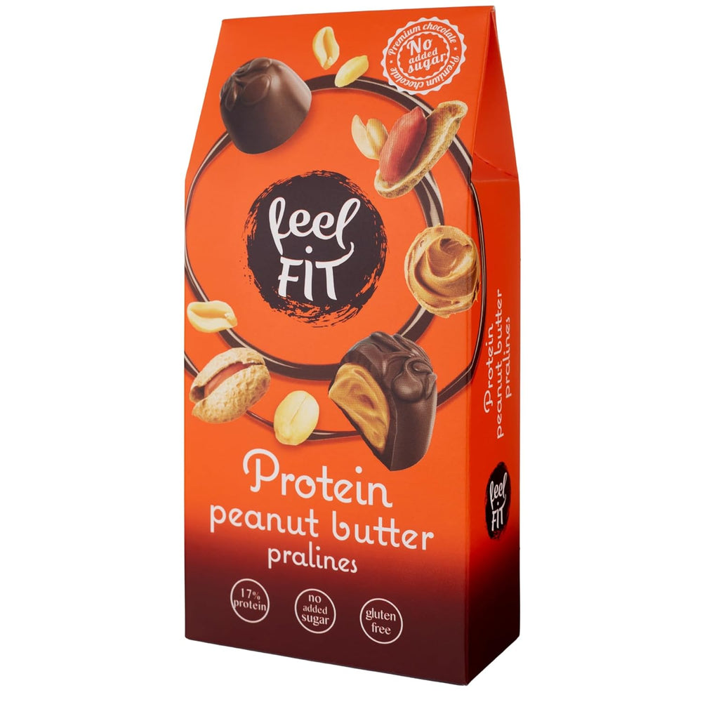 Pralinés proteicos de mantequilla de maní Feel FIT en chocolate con leche de alta calidad, sin azúcar añadido, 17% de proteína, sin gluten 66 g (paquete de 1)