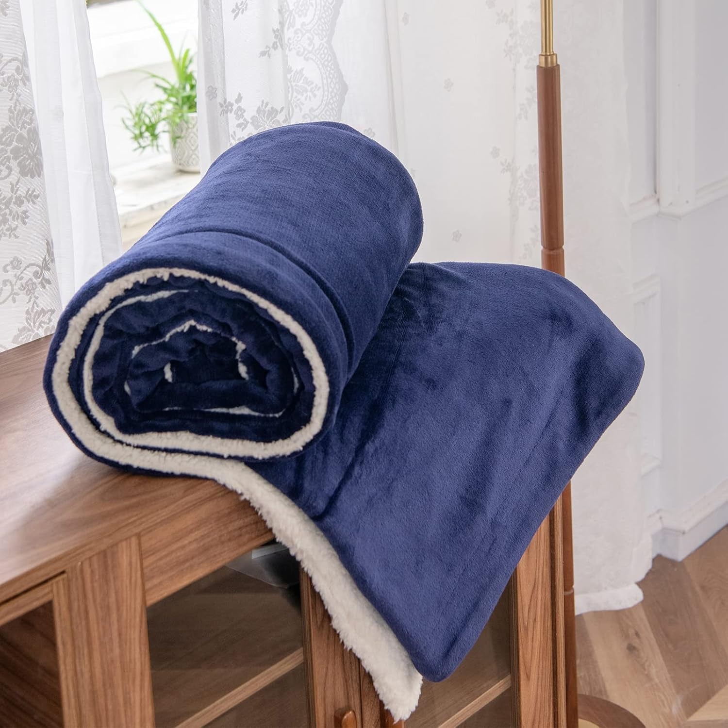 Kono Sherpa manta de lana, 150 X 200 Cm, Suave, Acogedora, Esponjosa, Reversible, Microfibra, mantas fijas para cama, sofá, sofá (Azul marino, doble/doble) Camas y mantas Besuche den KONO-Store