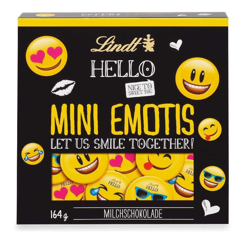 Surtido de chocolate (37 bolas LINDOR, 24 palitos Hello Mini, 10 Mini Fioretto), regalo de chocolate (1 x 815 g) y HELLO Mini Emoti, chocolate con leche en 5 diseños de emoticones, 164 g