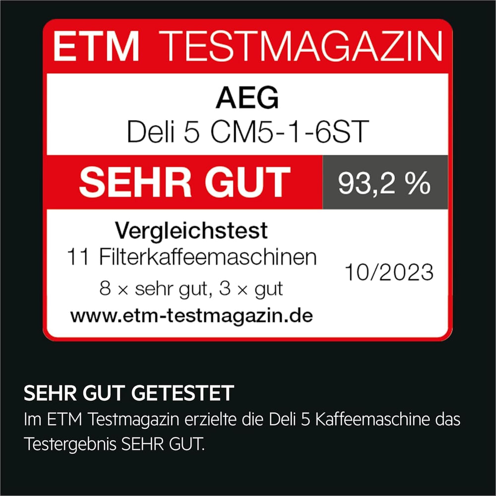 Espressor AEG Deli 5, 1,5 l, temporizator programabil, funcție de menținere la cald, oprire de siguranță, indicator nivel apă, dozaj optim, funcție anti-picurare, oțel inoxidabil, CM5-1-6ST