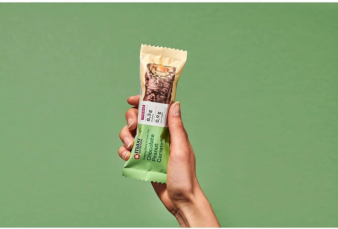 MaxiNutrition Barrita proteica vegana cremosa con chocolate, cacahuetes y caramelo 12x45g - barrita proteica vegana, 18% de proteína, 8,3 g por barrita, bajo contenido en azúcar (0,9 g), sin azúcar añadido, sin aromas artificiales