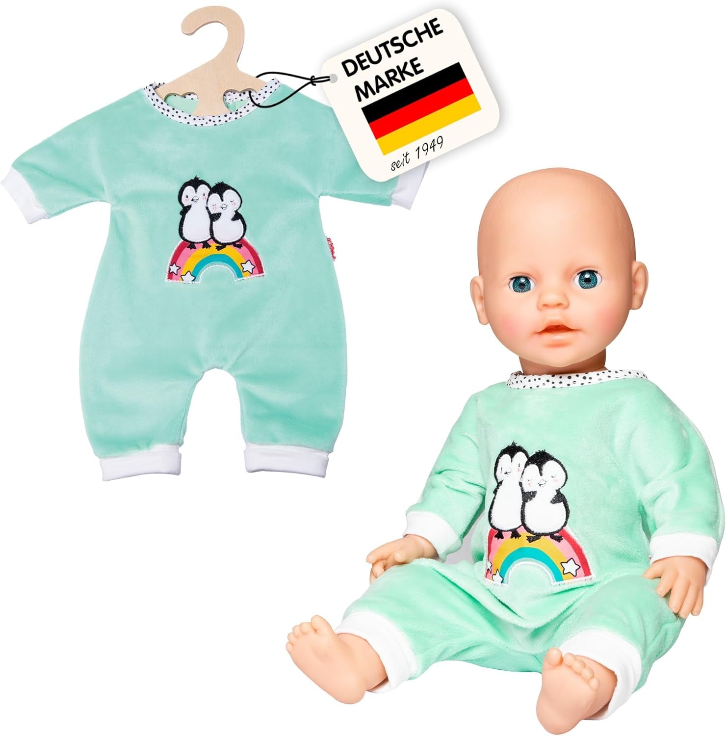 Heless 1181 - Salopă pentru păpușă cu design de pinguin cu buline, confecționată din velur moale cu broderie de înaltă calitate, mărimea 28 - 35 cm