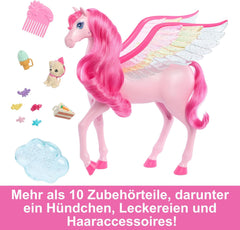 Barbie Pegasus Magie Ascunsă - Jucărie interactivă cu lumini și sunete, 10 accesorii, aripi curcubeu, pentru copii cu vârsta de 3 ani și peste, HLC41