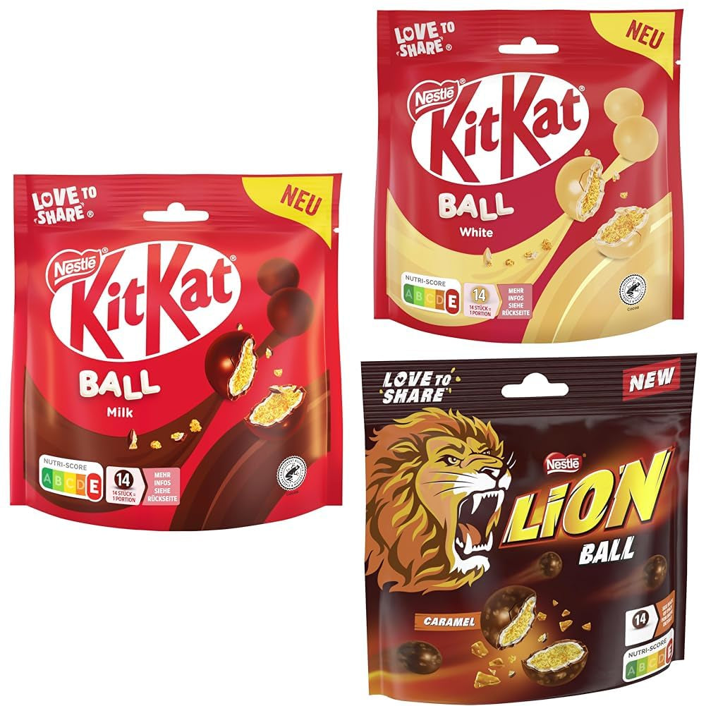 Pack de bolitas Nestlé con leche, blancas, Caramelo León (3 x 130g)