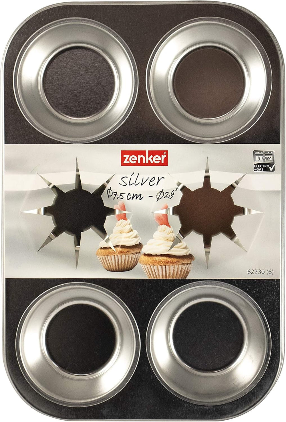 Zenker 62230 Bandeja Horno Cupcake/Muffin 6uds, Banda 29 X 19,5 X 3Cm, Línea Plata Moldes y bandejas Naty Shop