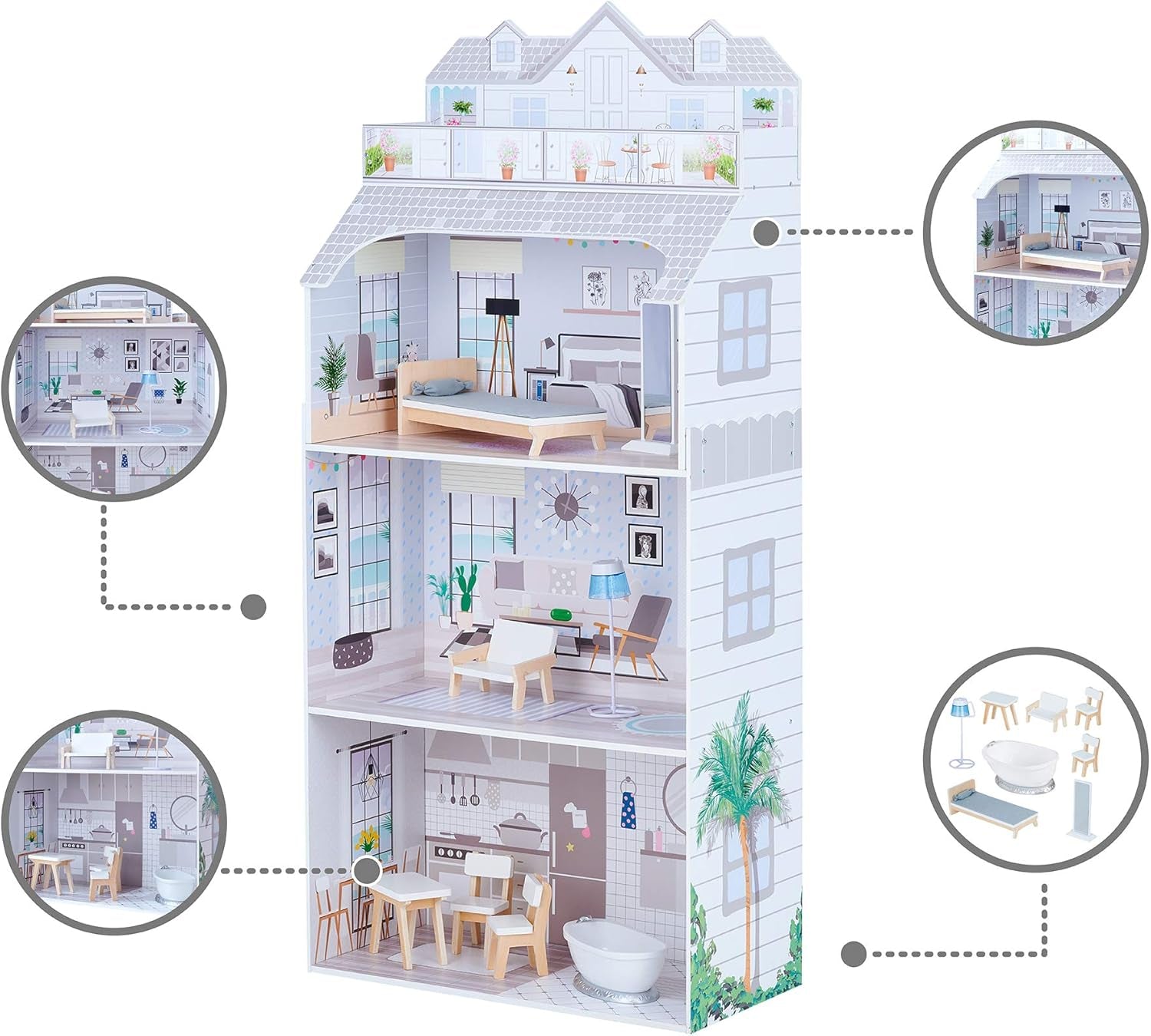 Teamson Kids Casa de păpuși gigantică Olivia's Little World cu mobilier și accesorii, casă de păpuși din lemn, joc cu 3 etaje pentru păpuși de 30 cm, vârste 3+