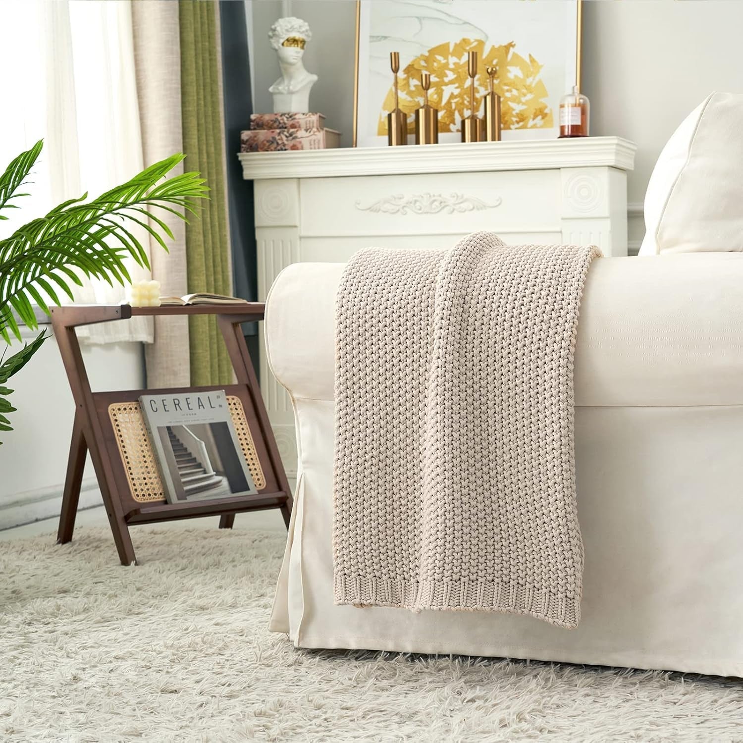 Chunky tricot arunca pătură, Lightweight, Bej, 100% bumbac organic, Pătură pentru canapea, canapea, pat, copil, camera copiilor, Rustic, Shabby chic, Modern farmhouse, 152.4 X 203.2 cm, Inclusiv sac de rufe Paturi si Cuverturi Longhui bedding