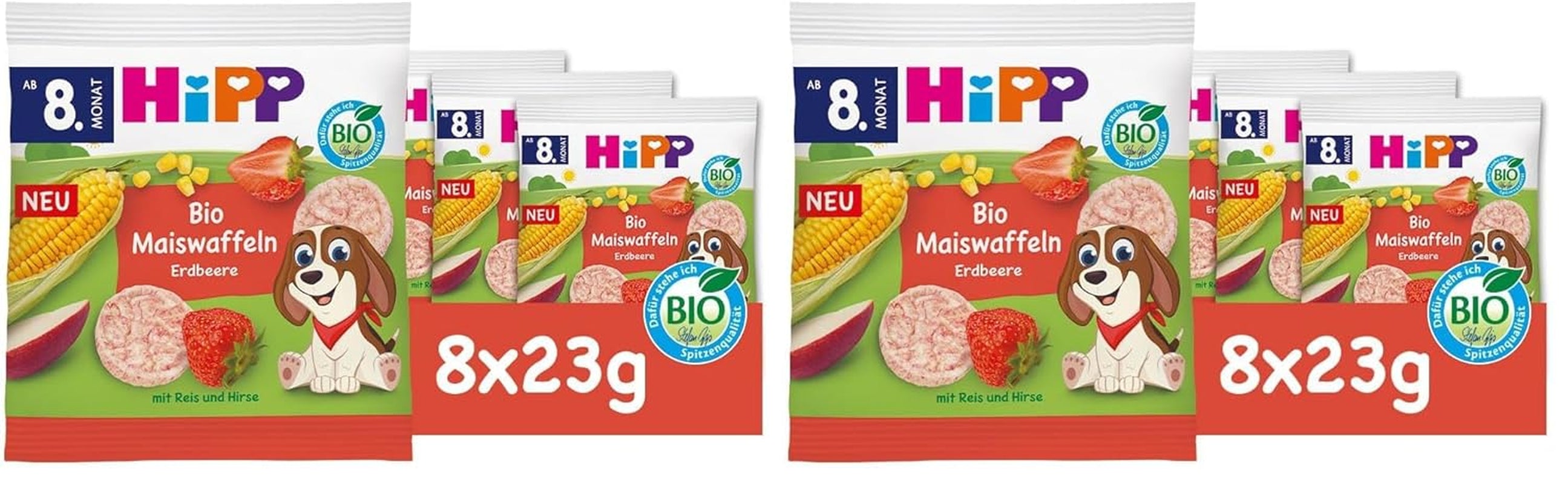 HiPP Organic Maíz Waffles con Fresas (8 x 23g), snack para bebés a partir de 8 meses, endulzado solo con frutas y verduras, sin gluten, la mejor calidad orgánica (paquete de 2)