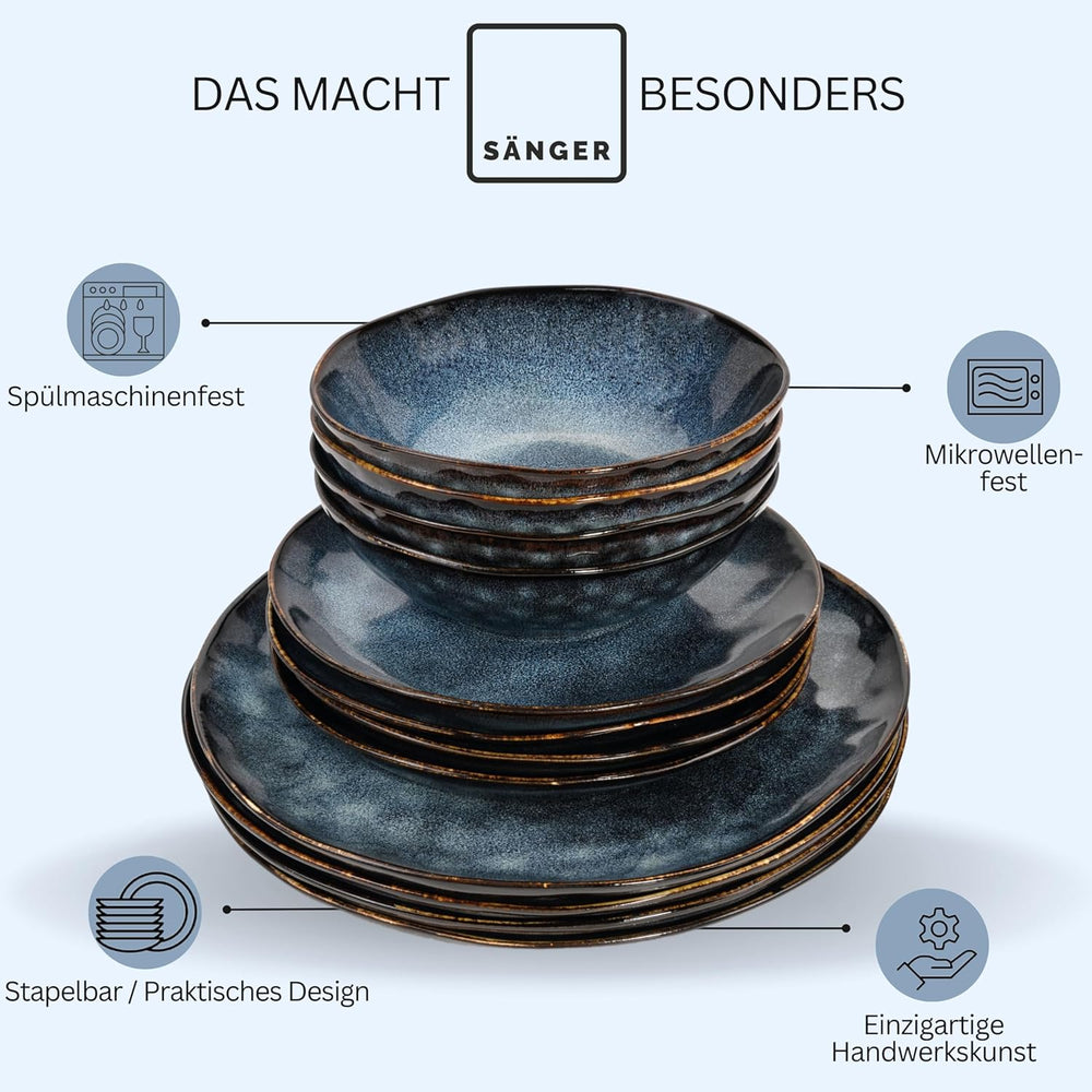 Sänger | Set de veselă Tokyo cu 36 de piese, veselă pentru 12 persoane, set de veselă din gresie, modern lucrat manual, veselă albastru închis cu accente negre | COLECȚIA PREMIUM