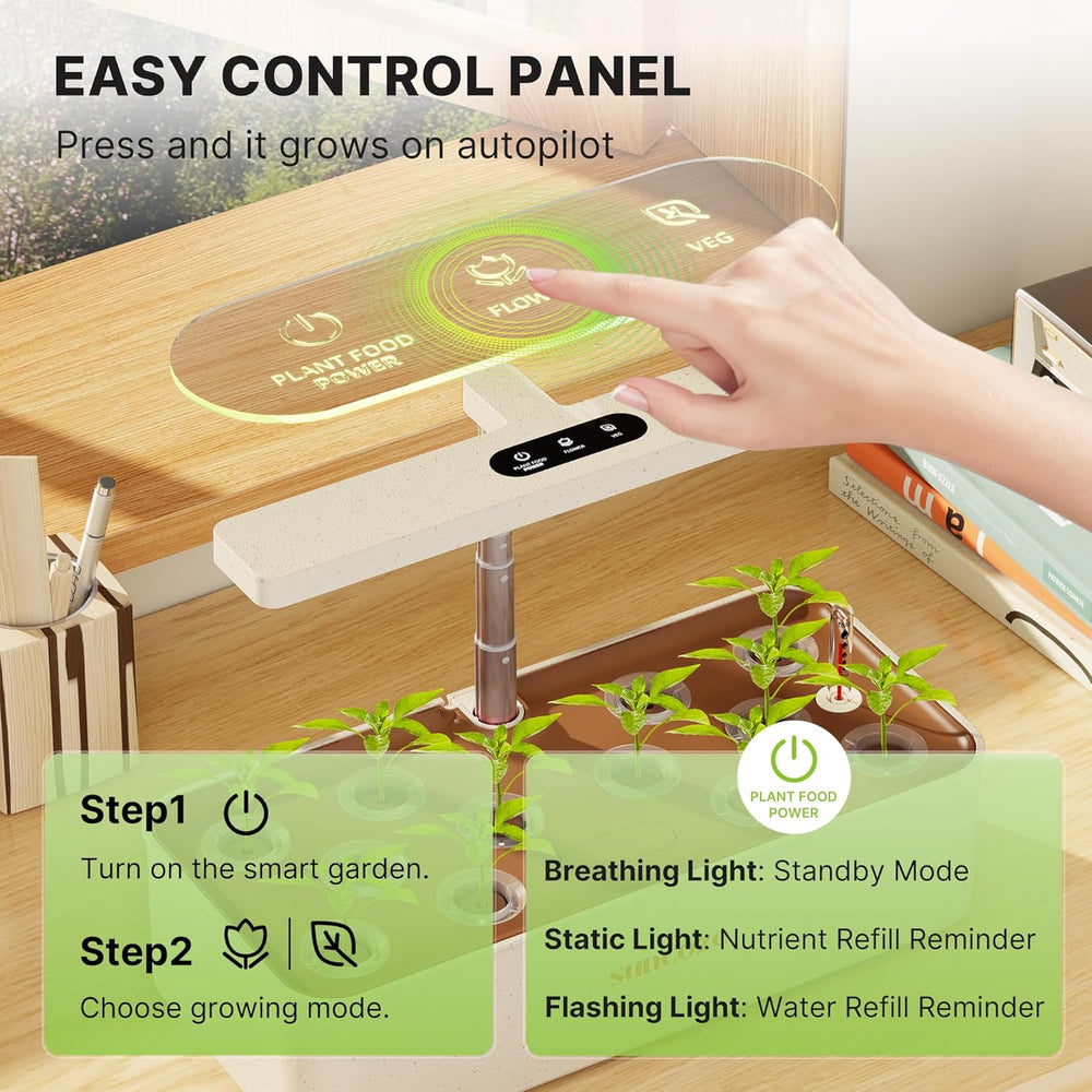 Kit de sistema de cultivo hidropónico de 12 cápsulas, lámpara LED de jardín interior de 24 W, tanque de agua de 4 L con bomba silenciosa, macetero de hierbas de altura ajustable, kit de jardinería interior, regalos de jardinería, color beige