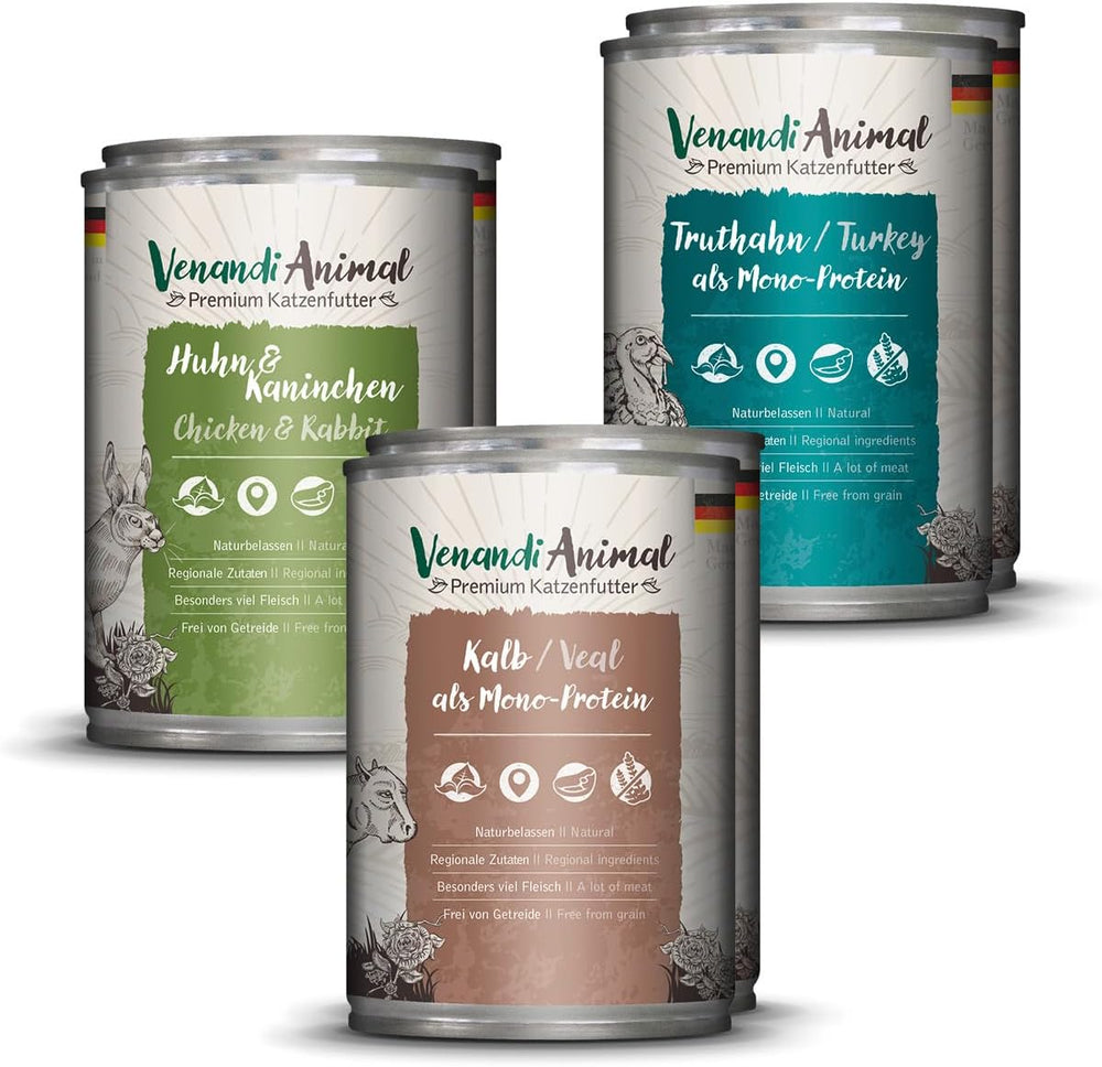 Venandi Animal Premium Nassfutter für Katzen, Probierpaket II, Huhn + Kaninchen, Kalb, Truthahn, 6 x 400 g, getreidefrei und naturbelassen, 2.4 kg