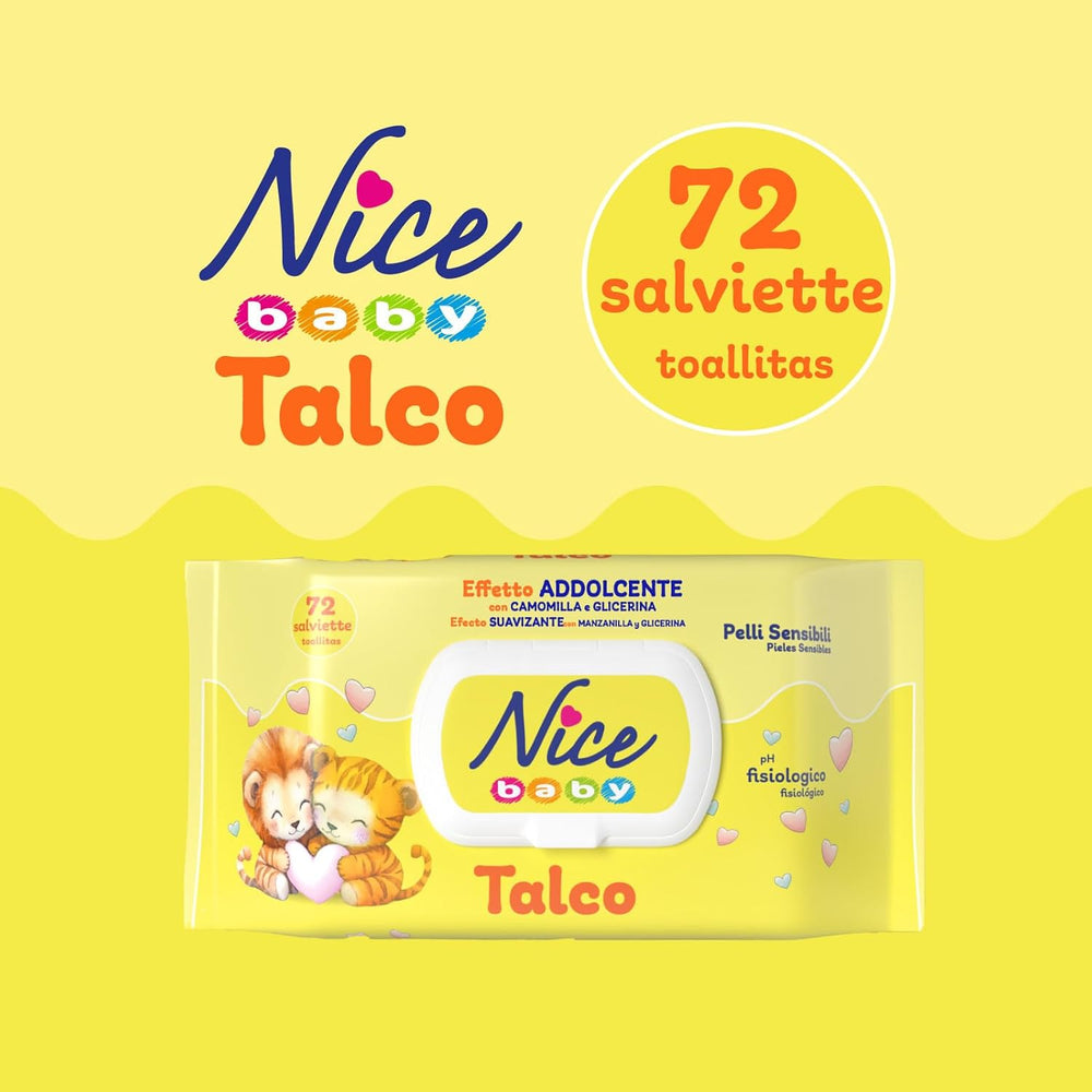NICE Baby Toallitas húmedas 72 piezas con tapa Talco Aroma Materiales naturales Limpieza suave Bebé 1 pieza