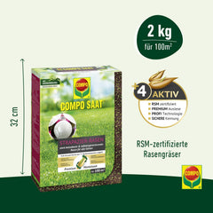 COMPO SAAT Strapazier-Rasen - Regenerationsstarker Strapazierrasen - Hochwertige Saatgutmischung Mit Premium-Mantelsaat - 2 Kg Für 100 M²