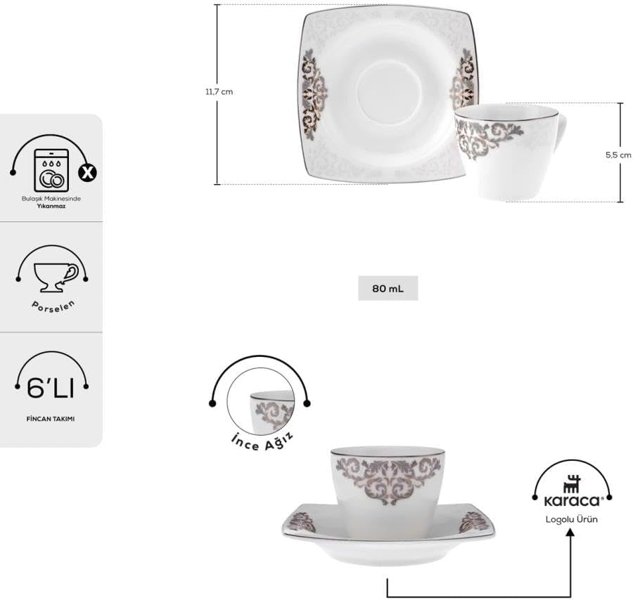 Set de cești espresso din porțelan KARACA Nazende - cești de cafea turcească de 80 ml cu farfurioare, serviciu de cafea modern cu 12 piese cu 6 cești de cafea și 6 farfurioare, cești Mocha - alb