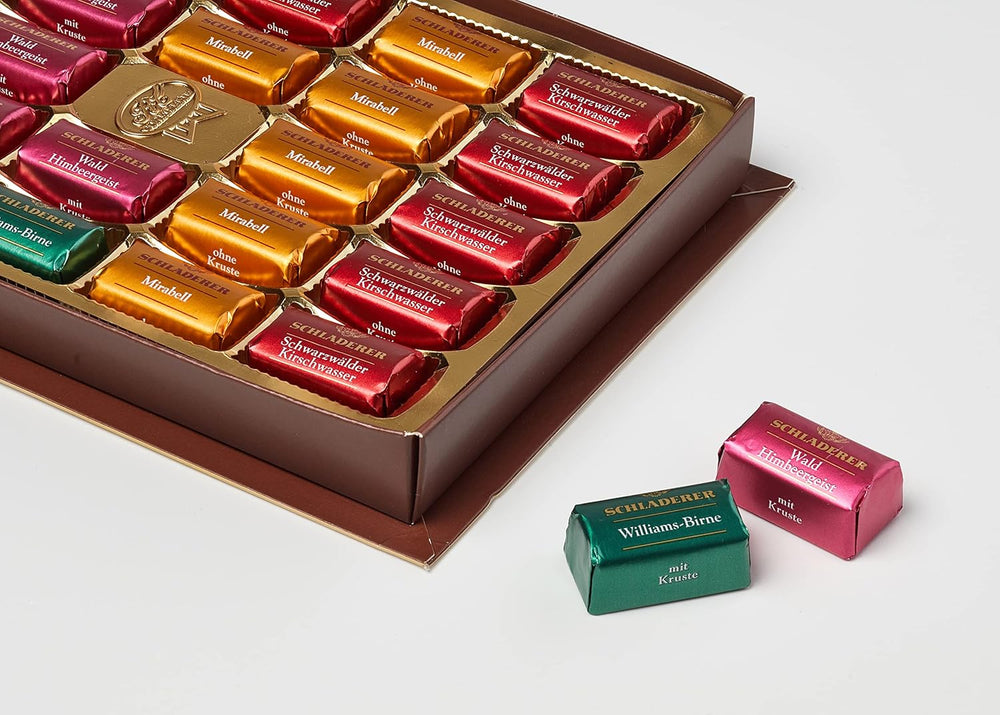 RCP Schladerer Pralinés, surtido fino, chocolate con leche y negro, con y sin costra de azúcar, relleno líquido, contiene alcohol, fantástico regalo, 255 g