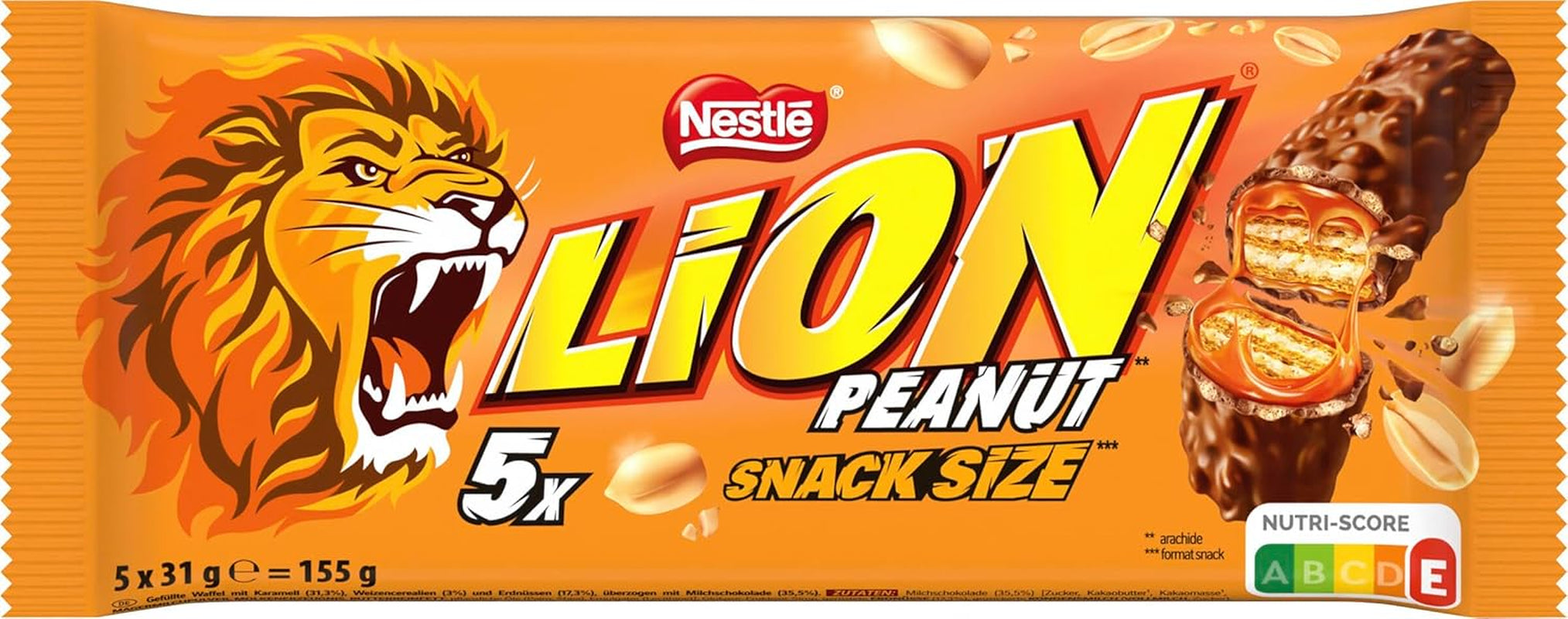 Barra de chocolate con maní cubierta de chocolate con leche, delicioso relleno de caramelo, maní y oblea crujiente, paquete de dulces a granel, 1 paquete (5 x 31 g)