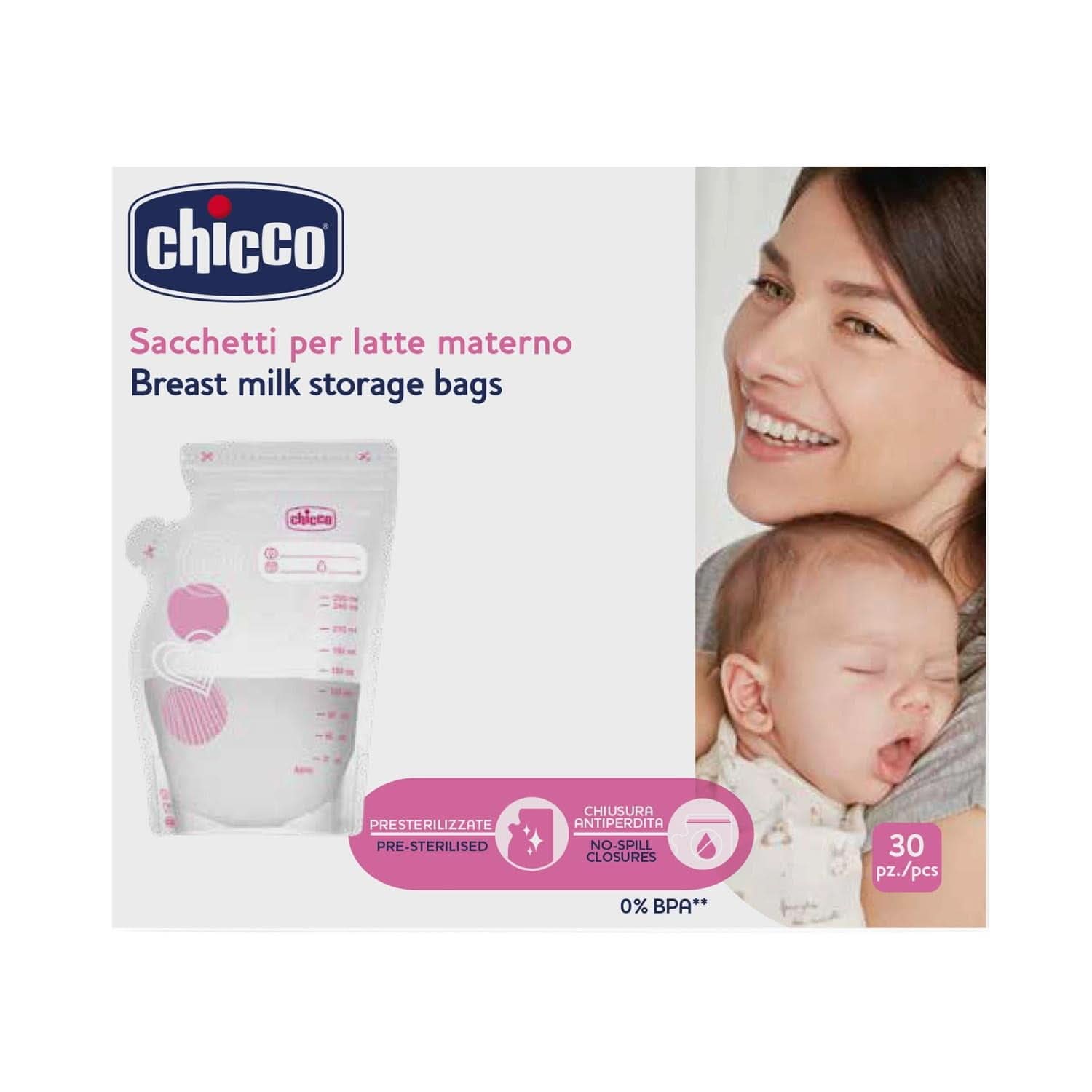 Chicco Bolsa para Leche con 30 Unidades, Antigoteo, 250 ml Accesorios Alimentación y Lactancia Bebe Naty Shop