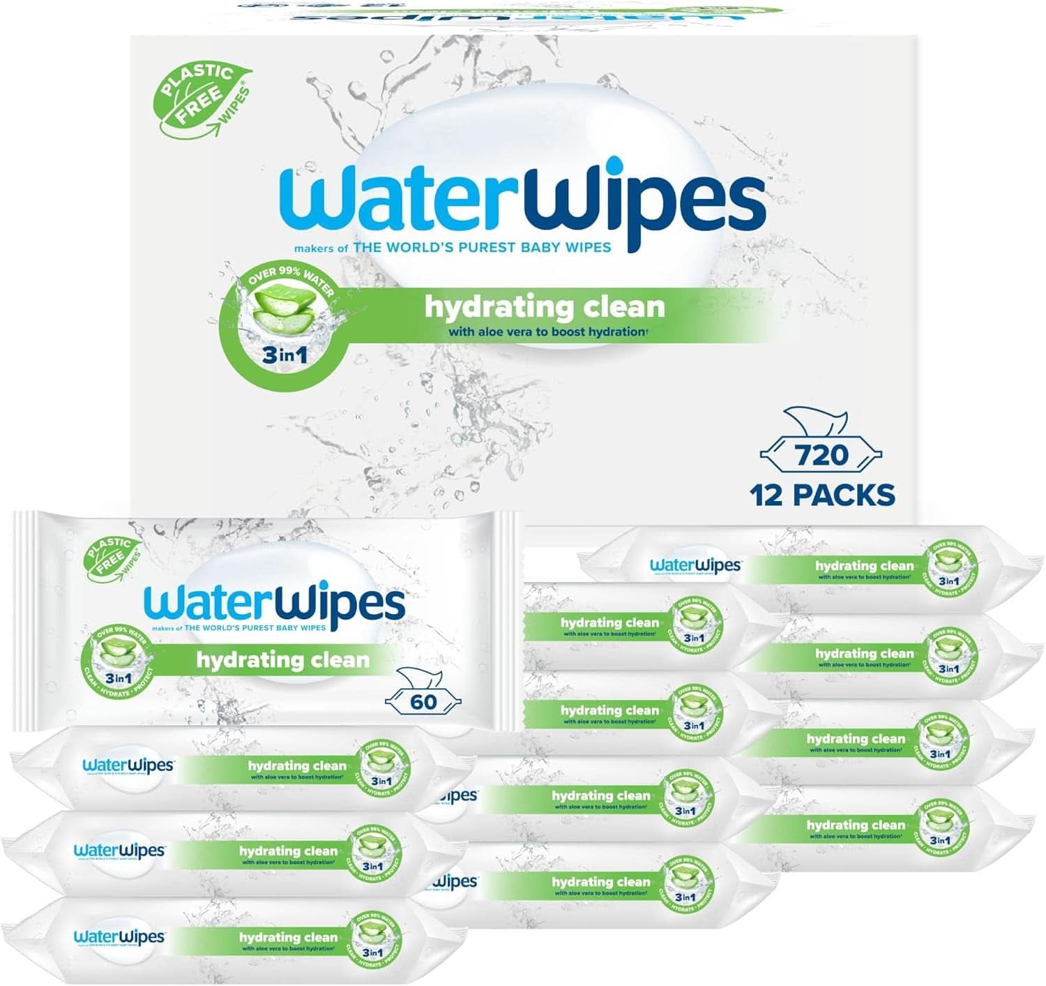 Waterwipes Toallitas húmedas para bebé hidratantes y limpiadoras con 99% de agua y extracto de Aloe Vera Toallitas húmedas para rostro y cuerpo Naty Shop