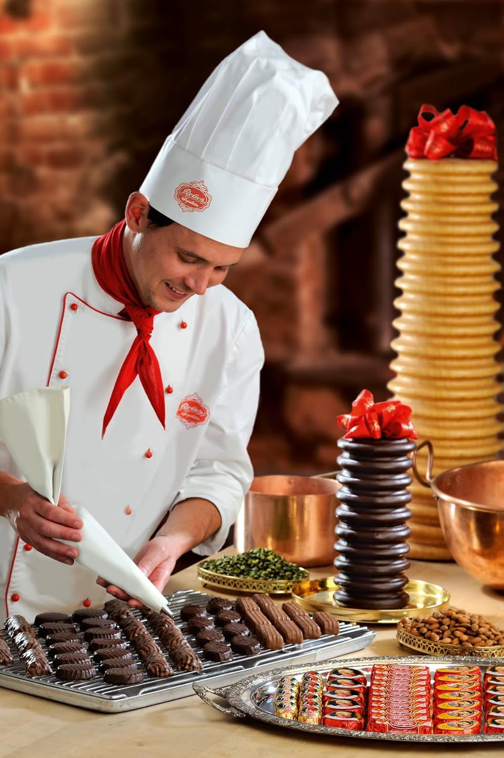 Reber Bolitas Mozart, caja de presentación 4x45, bolitas de chocolate negro rellenas de turrón de pistacho, mazapán, almendras y avellanas, 3,6 kg (180 piezas)