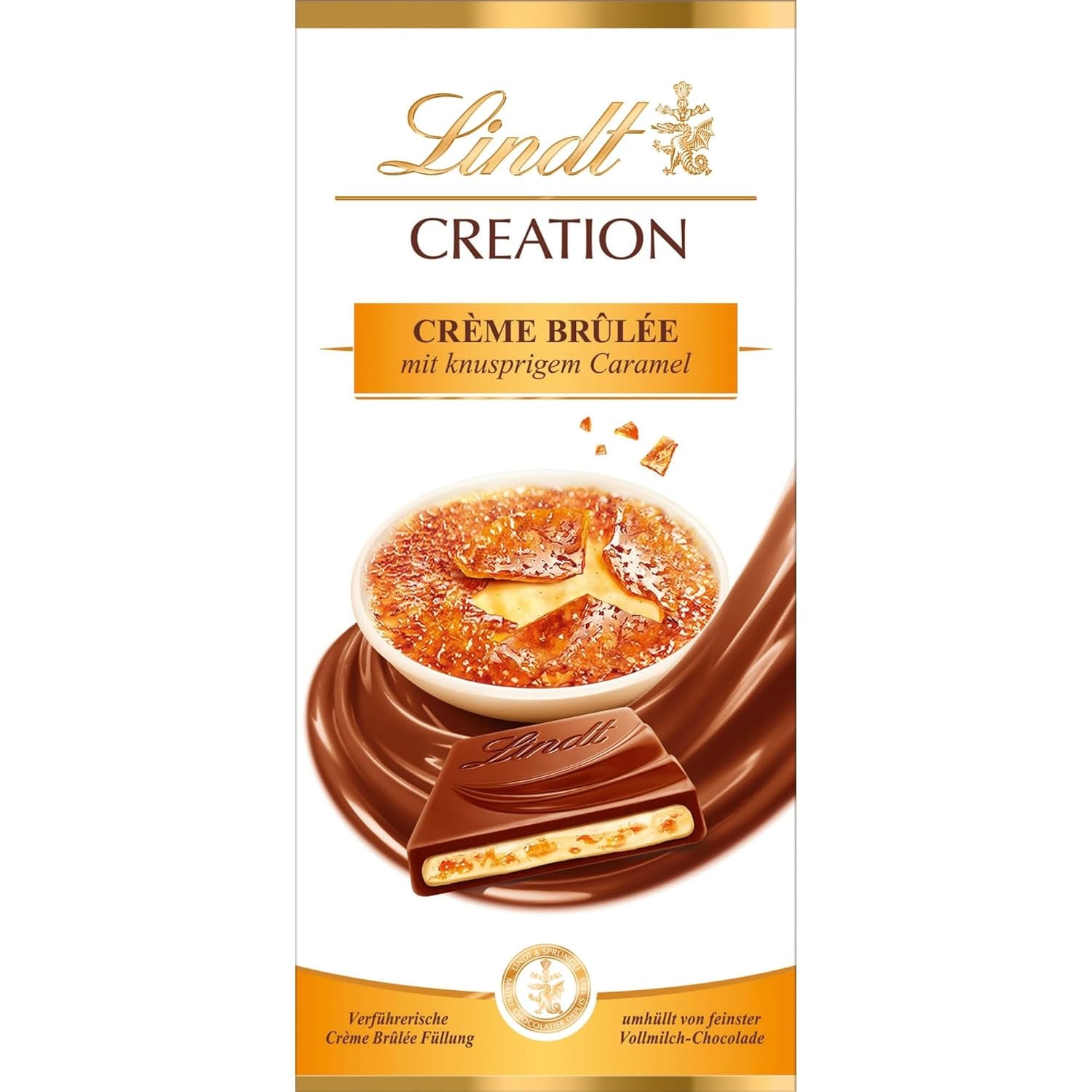 Barra Crème Brûlée Lindt Creación de chocolate | Relleno de crème brûlée con crujiente de caramelo, cubierto con el más fino chocolate con leche | Barra de chocolate | Regalo de chocolate, 150g