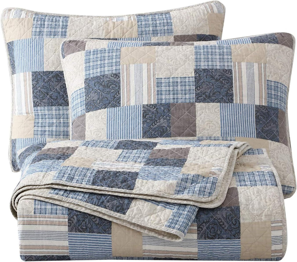 Chezmoi Collection Addy Patchwork Quilt Set bumbac pre-spălat, ușor, reversibil, pentru toate anotimpurile, supradimensionat, 3 piese, albastru marin, alb, gri, taupe, în carouri Plapumi si pilote Naty Shop Patchwork în carouri Regina