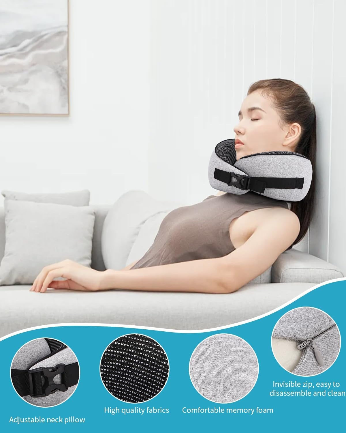Aeroplane Neck Pillow, pernă de călătorie cu spumă de memorie, pernă pentru gât pentru adulți, pernă de avion reglabilă și lavabilă, pernă de călătorie ergonomică (gri) Perne ortopedice cervicale Naty Shop
