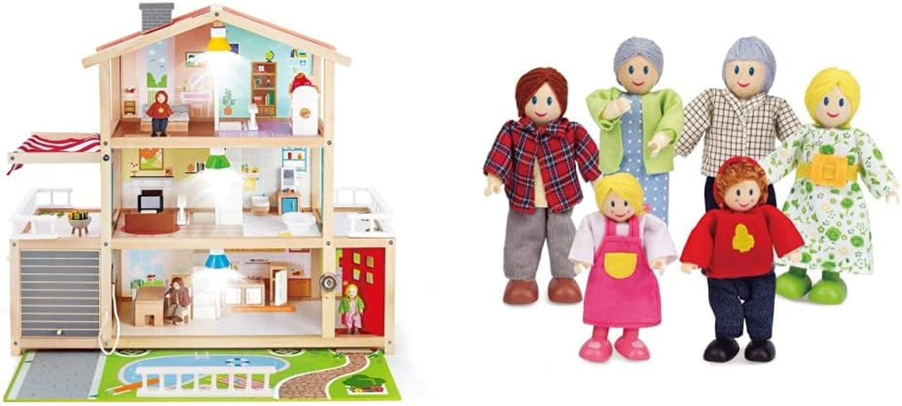 E3405 - Vilă pentru păpuși, Casă de păpuși cu accesorii, din lemn și E3500 - Familie de păpuși, piele deschisă la culoare