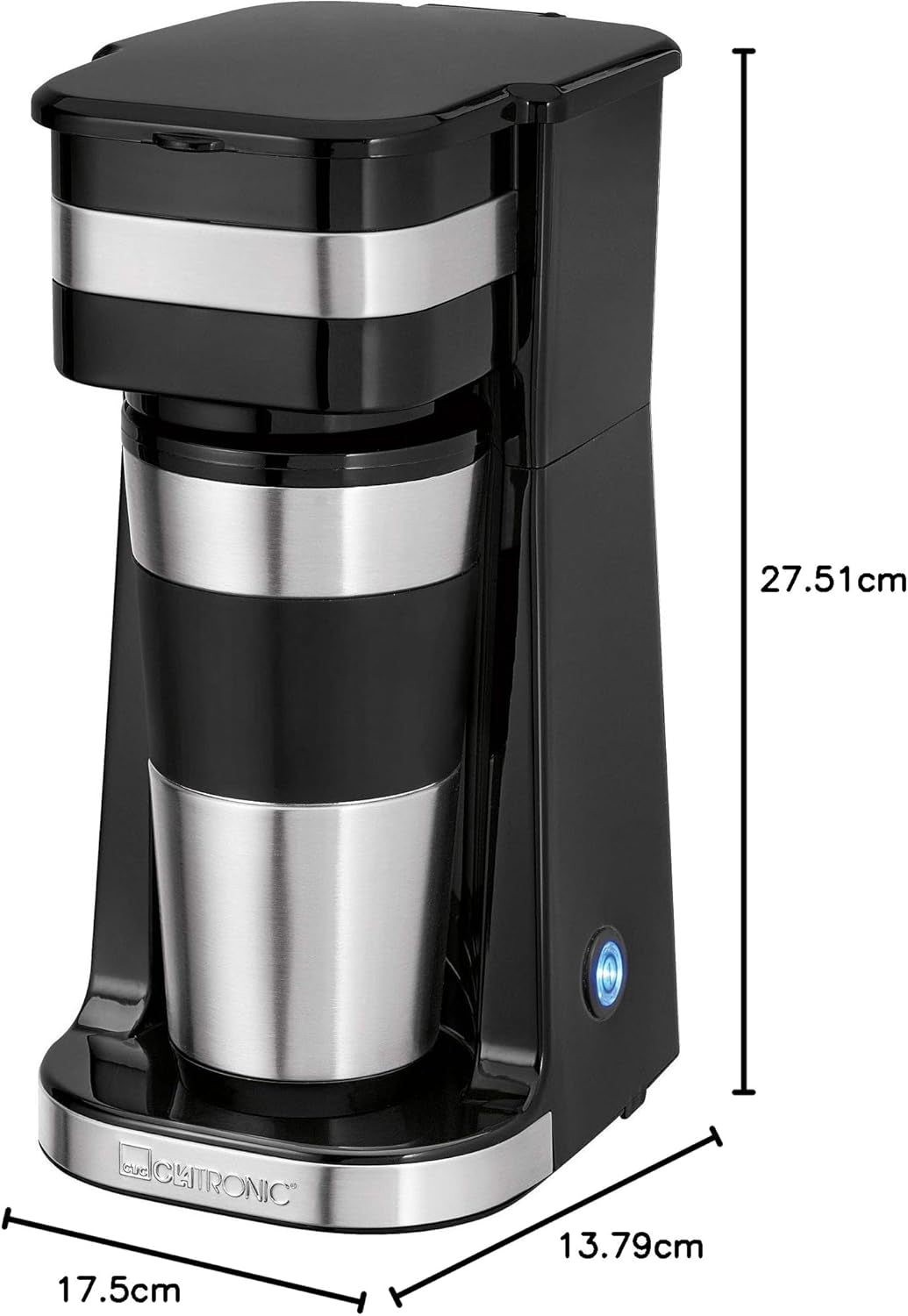 Espressor Clatronic | Cană de călătorie 400 ml | Compatibilă cu toate suporturile de pahare standard (de exemplu, pentru mașină) | Espressor cu filtru | Filtru permanent din nailon | Cană din oțel inoxidabil cu capac pentru aromă | KA 3733