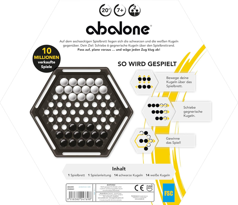 Asmodee, Abalone, juego familiar, juego de estrategia, 2 jugadores, mayores de 7 años, más de 20 minutos, alemán