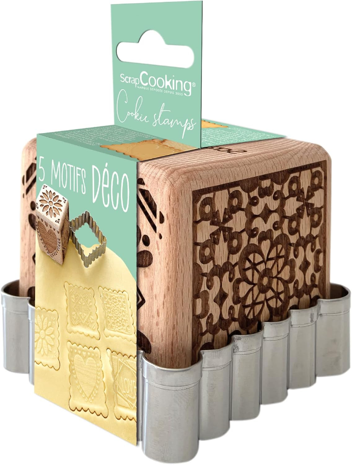 RESTURĂ DE GĂTIT 5139 Ștampilă de copt din lemn cu motive decorative, casă, cu 1 tăietor, tăietor de biscuiți și cub, decorativă, cu 5 fețe gravate în relief, decorațiune, 5139