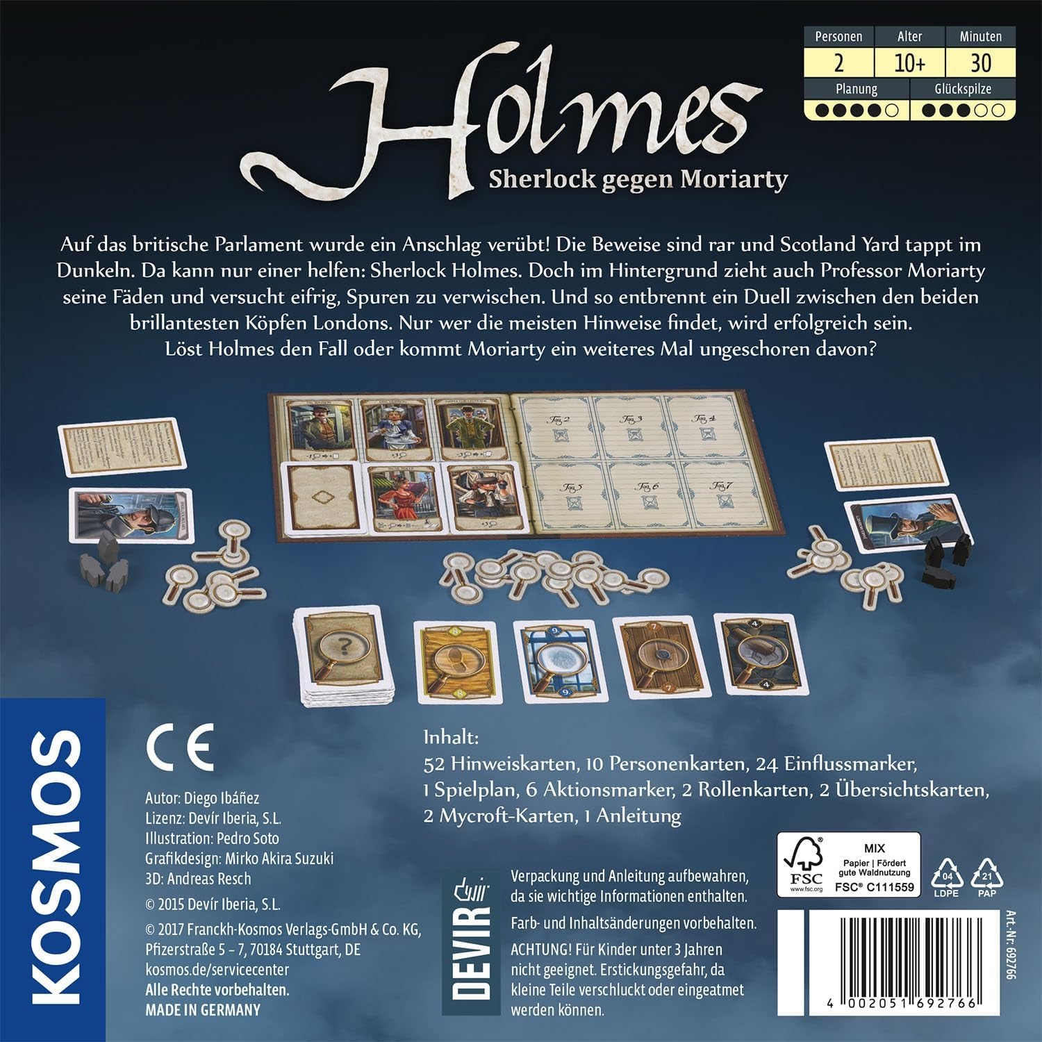 KOSMOS 692766 Holmes - Sherlock vs. Moriarty, Juego para dos jugadores, Juego de Sherlock Holmes, Juego de mesa para exactamente 2 jugadores de 10 años en adelante, Juego de estrategia