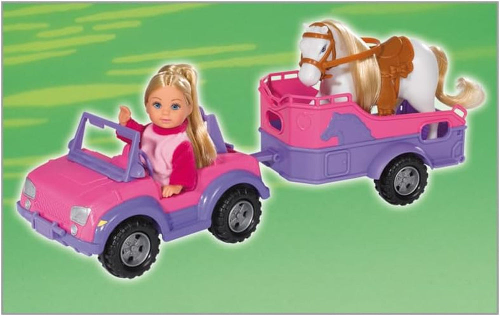 Simba 105737460 - Evi Love Evi Remolque de Caballos con jeep rosa, caballo morado y colgante de pony, muñeca disfrazada, 12 cm, para niños a partir de 3 años Muñecas Naty Shop