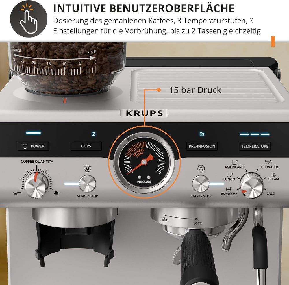 Espressor manual Krups Precision cu portafiltru și râșniță, aparat de cafea barista cu panou de control intuitiv, setări de pre-infuzare, espressor cu duză de abur, încălzire rapidă, XP801T10