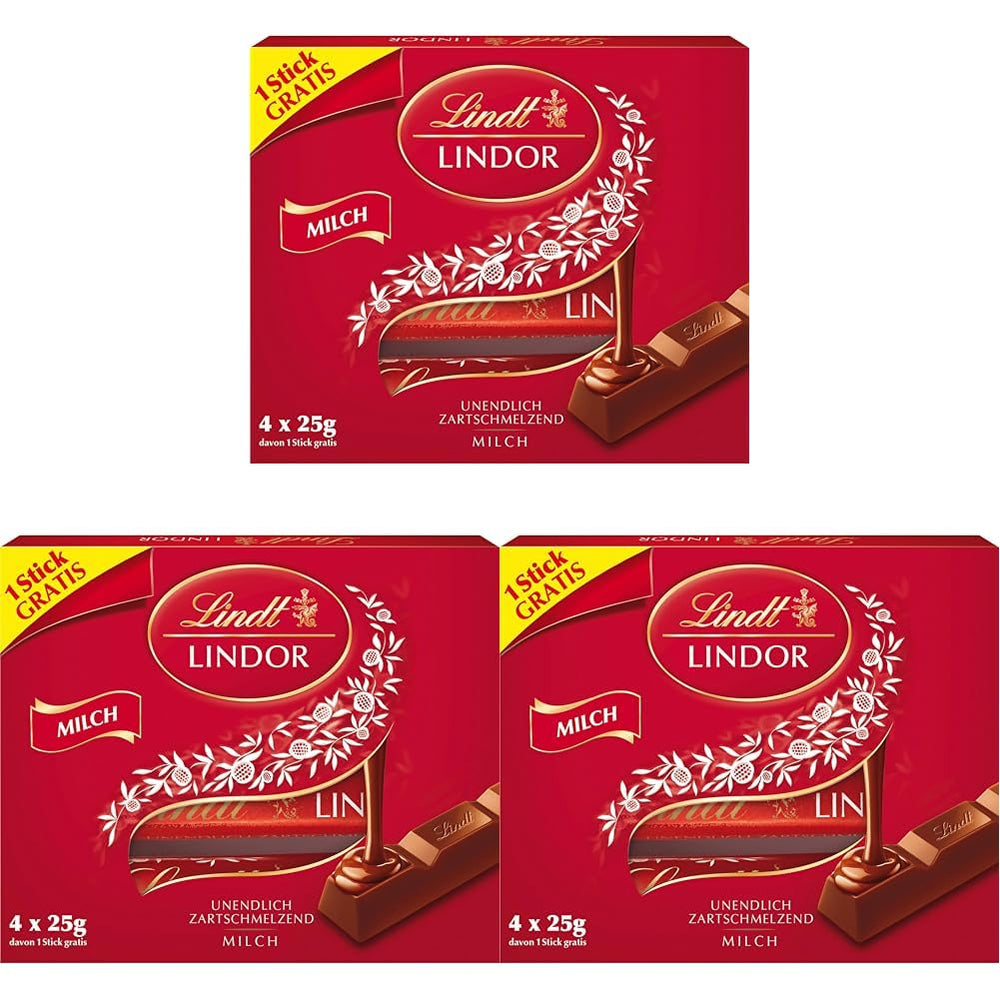 Chocolate Lindt | Barritas de chocolate con leche LINDOR, Oferta promocional | 100g | 4 barras de chocolate con leche LINDOR con relleno que se deshace en la boca | Palitos de chocolate (paquete de 3)