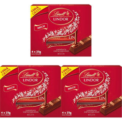 Chocolate Lindt | Barritas de chocolate con leche LINDOR, Oferta promocional | 100g | 4 barras de chocolate con leche LINDOR con relleno que se deshace en la boca | Palitos de chocolate (paquete de 3)