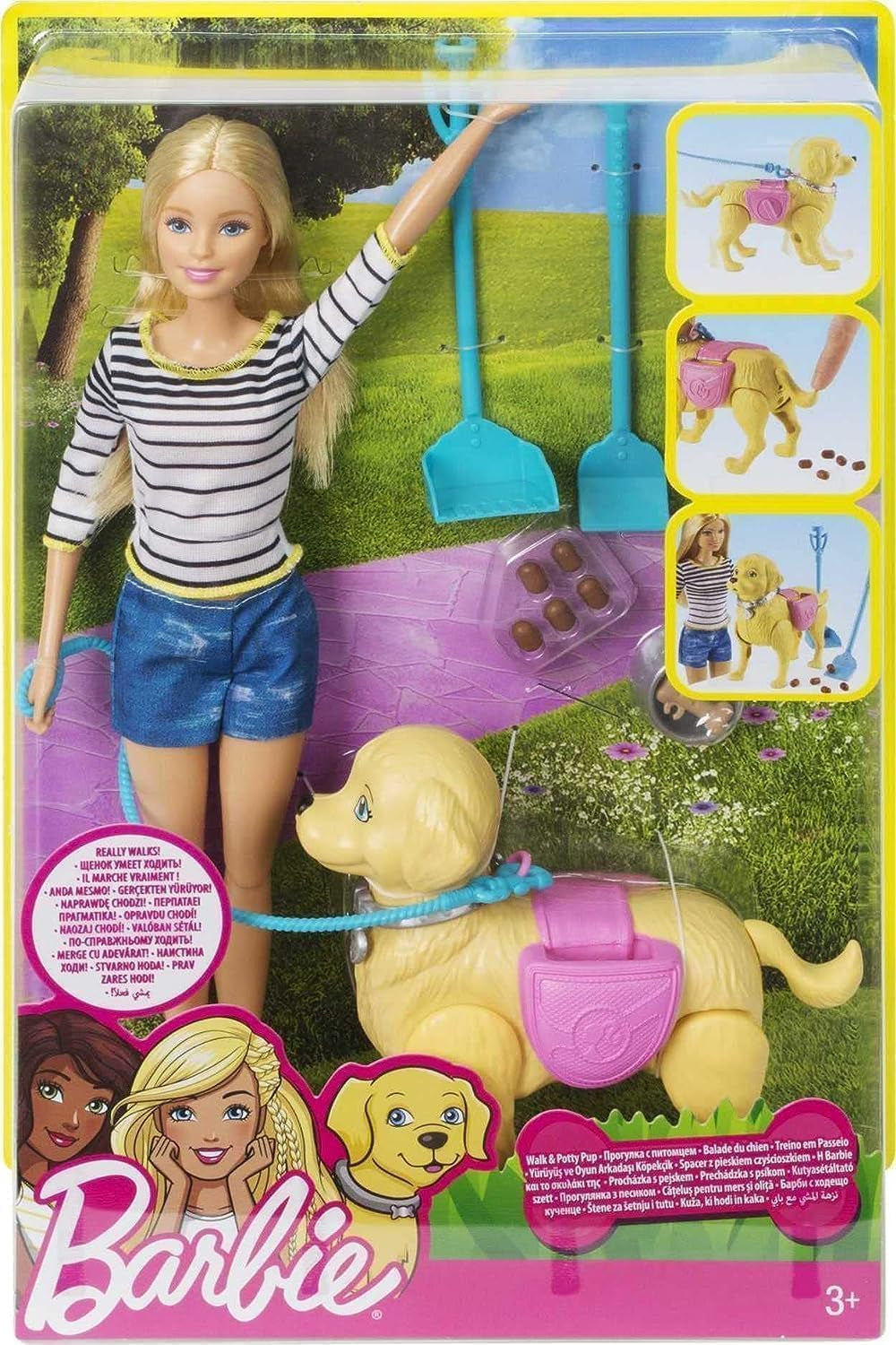 Păpușă Barbie Walk and Potty, păpușă blondă cu câine plimbăreț, lingură pentru caca, accesorii, inclusiv câine păpușă, cadou pentru copii, jucărie pentru copii cu vârsta de 3 ani și peste, DWJ68