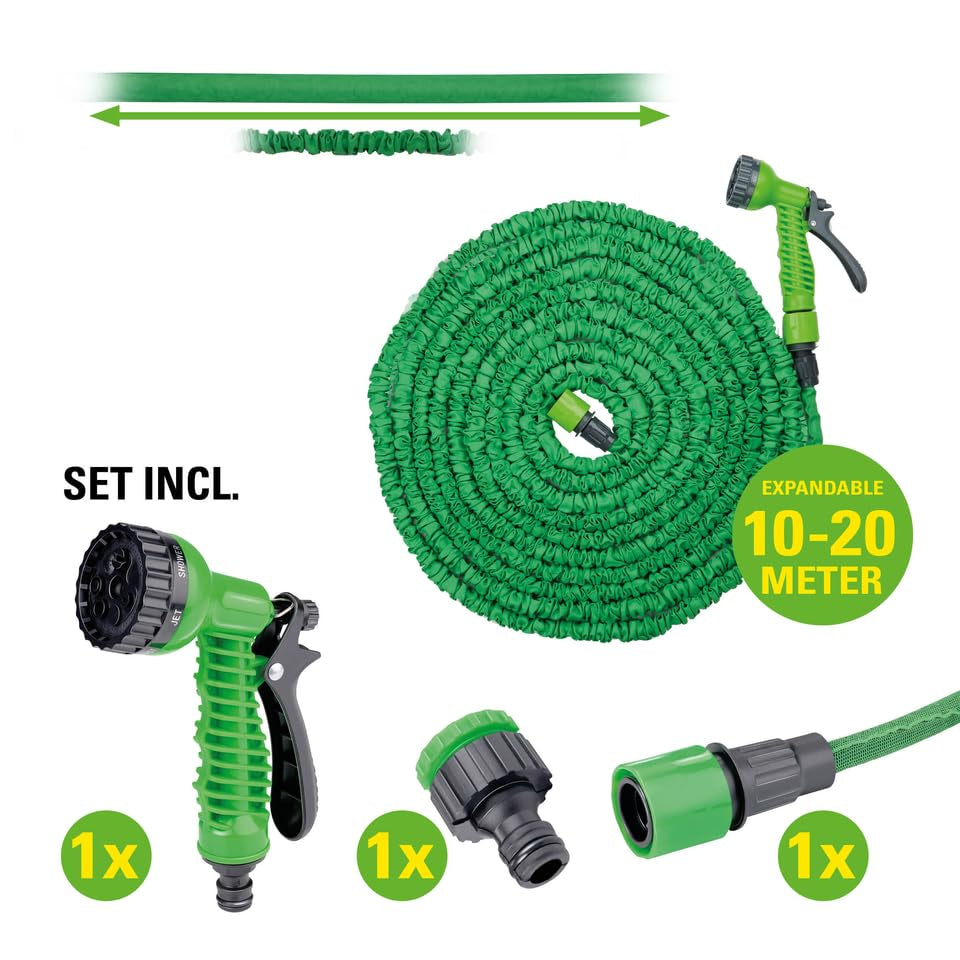 Furtun flexibil de grădină Kinzo 20 m – incl. accesoriu furtun – Furtun flexibil cu cap de pulverizare cu 7 poziții de pulverizare – Plastic – Verde/Gri