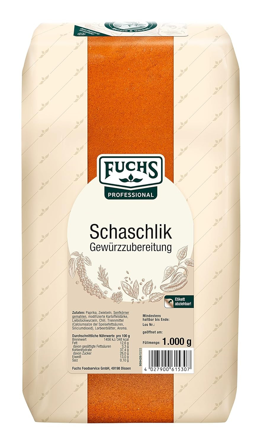 Fuchs Professional - Schaschlik Gewürzmischung | Zum Würzen/Marinieren von gebratenem oder ggrillten Fleisch | Calidad profesional para grandes fabricantes | Bolsa reciclable de 1 kg.