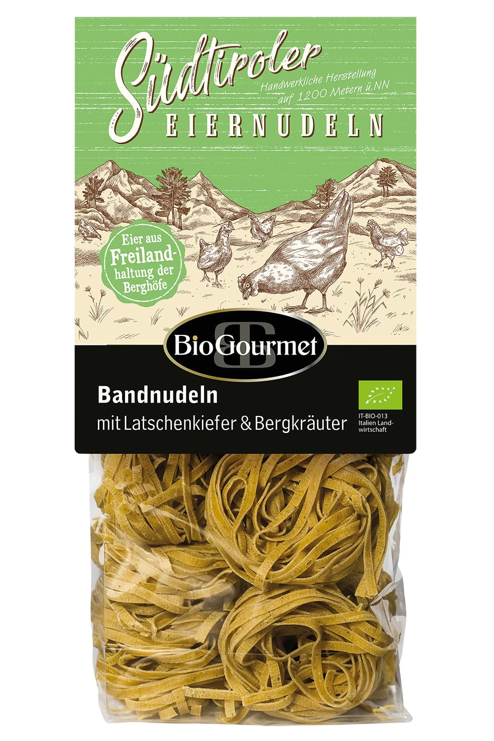 Fideos de cinta BioGourmet con Schüttelbrot del Tirol del Sur (IGP) | Fideos al huevo salados y aromatizados con auténtico speck del Tirol del Sur | 1 x 250g Bio