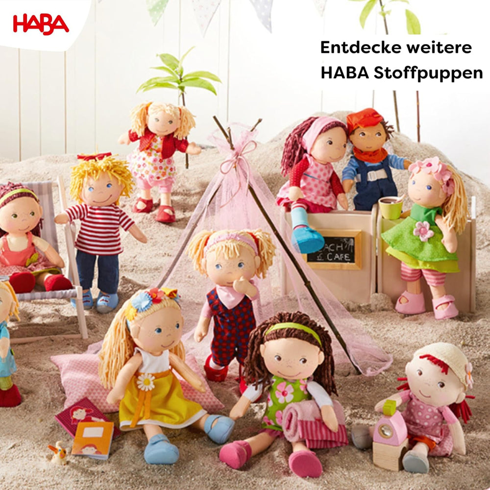 HABA Stoffpuppe Annelie – Weiche Puppe mit Haaren zum Stylen – Mit wechselbarer Kleidung – Ab 18 Monaten – 30 cm – Waschbar – 1302108001